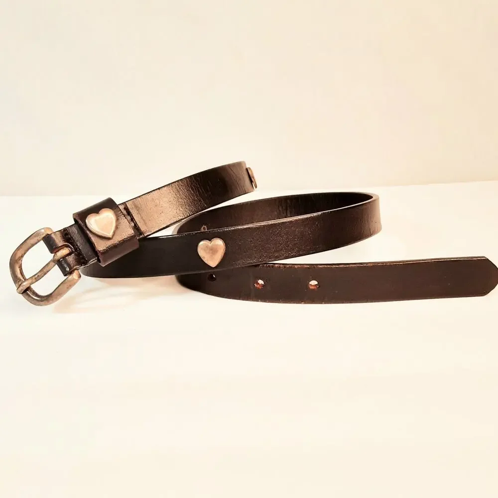 Womens Black Leather Brass Heart Studed Skinny Belt Size Medium Punk Moto
